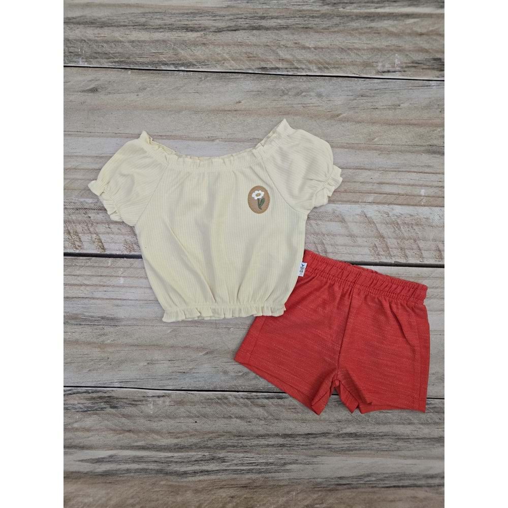 (9-24) Ay NAZAR BEBE PAPATYA NAKIŞLI ŞORTLU TAKIM - KREM - 9 AYLIK