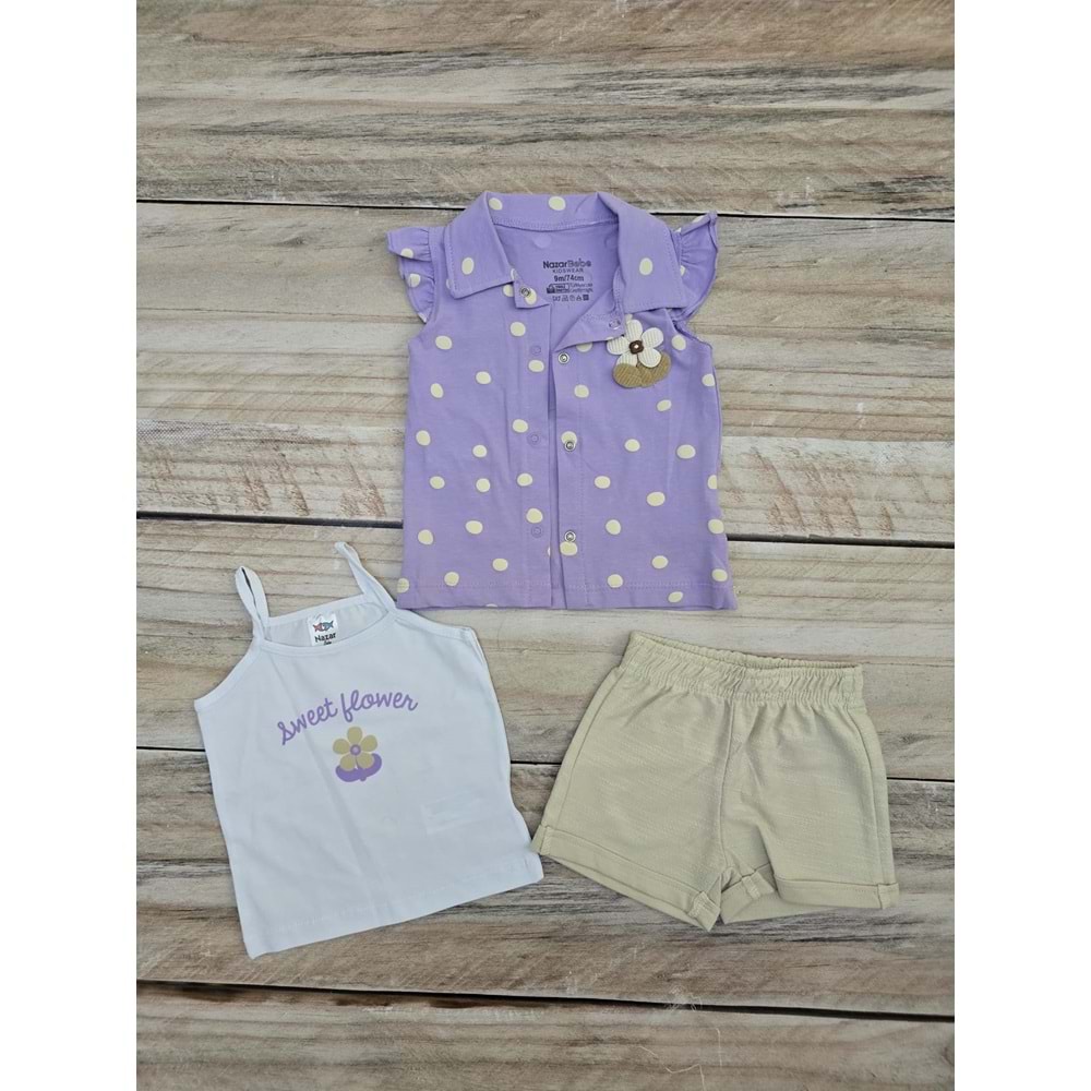 (9-24) Ay NAZAR BEBE PUANTİYELİ ÜÇ PARÇALI ŞORTLU TAKIM - MOR - 9 AYLIK