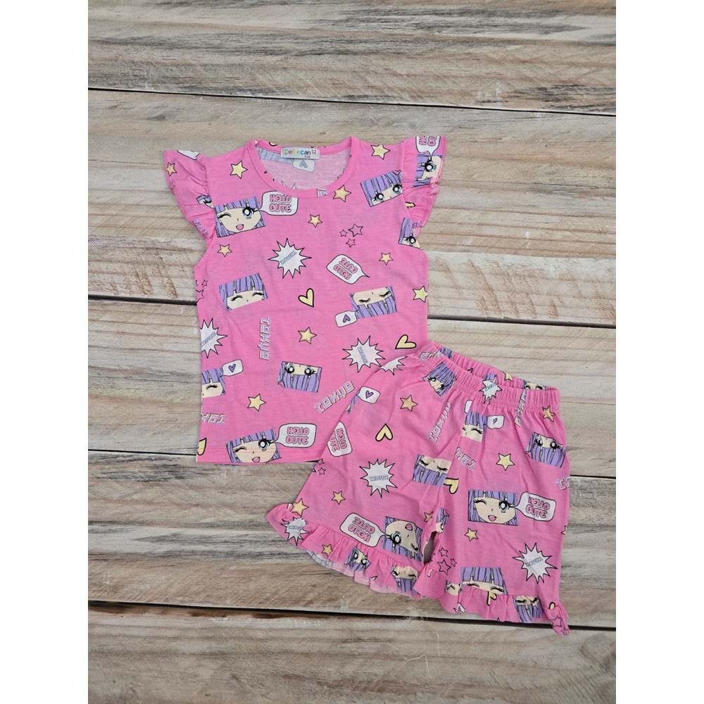 (3-10) Yaş DEFNECAN HELLO CUTE KOL FIRFIRLI ŞORTLU TAKIM - DESENLİ - 5-6 YAŞ
