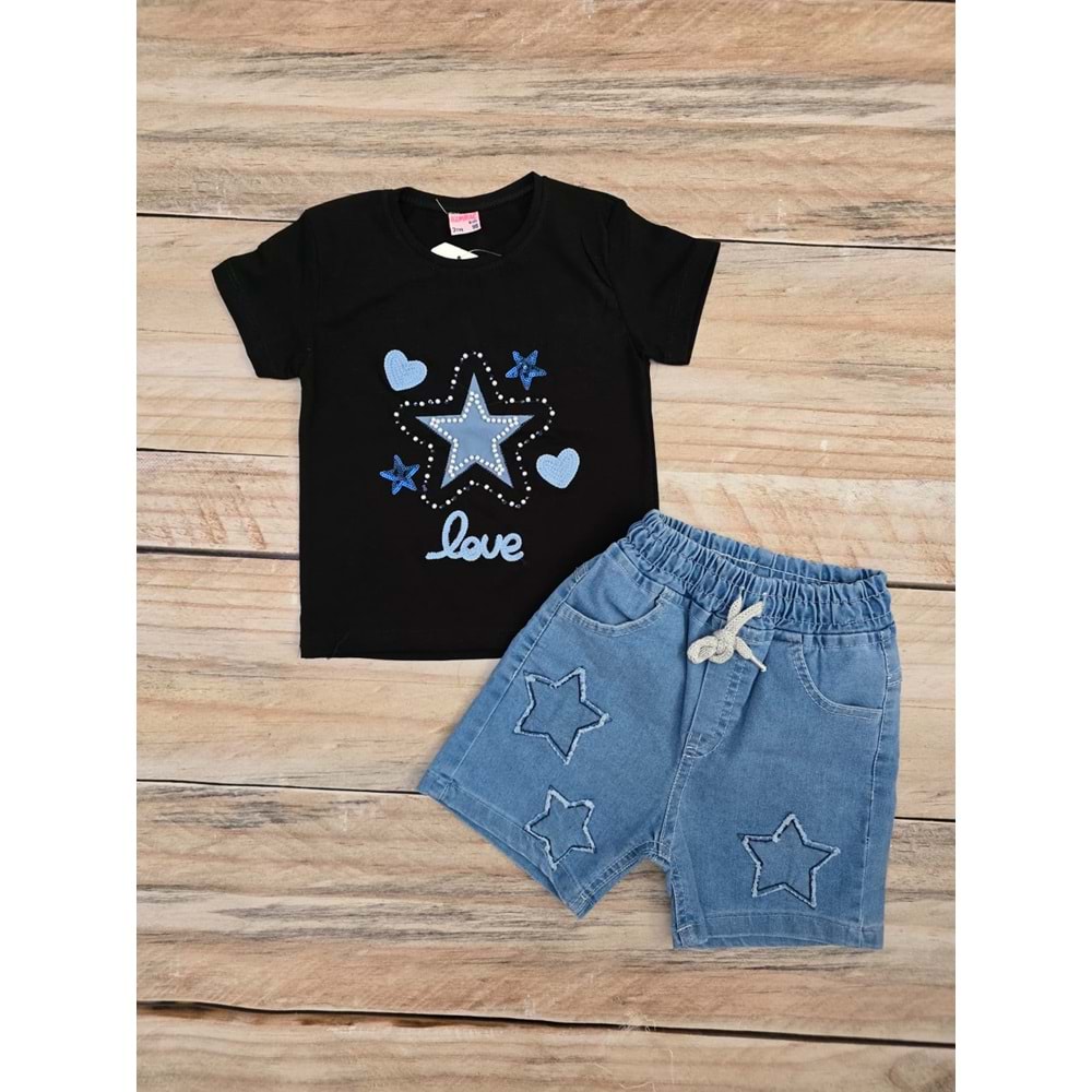 (3-10) Yaş Tİ-DU KIDS YILDIZ NAKIŞLI KOT ŞORTLU TAKIM - SİYAH - 4 YAŞ