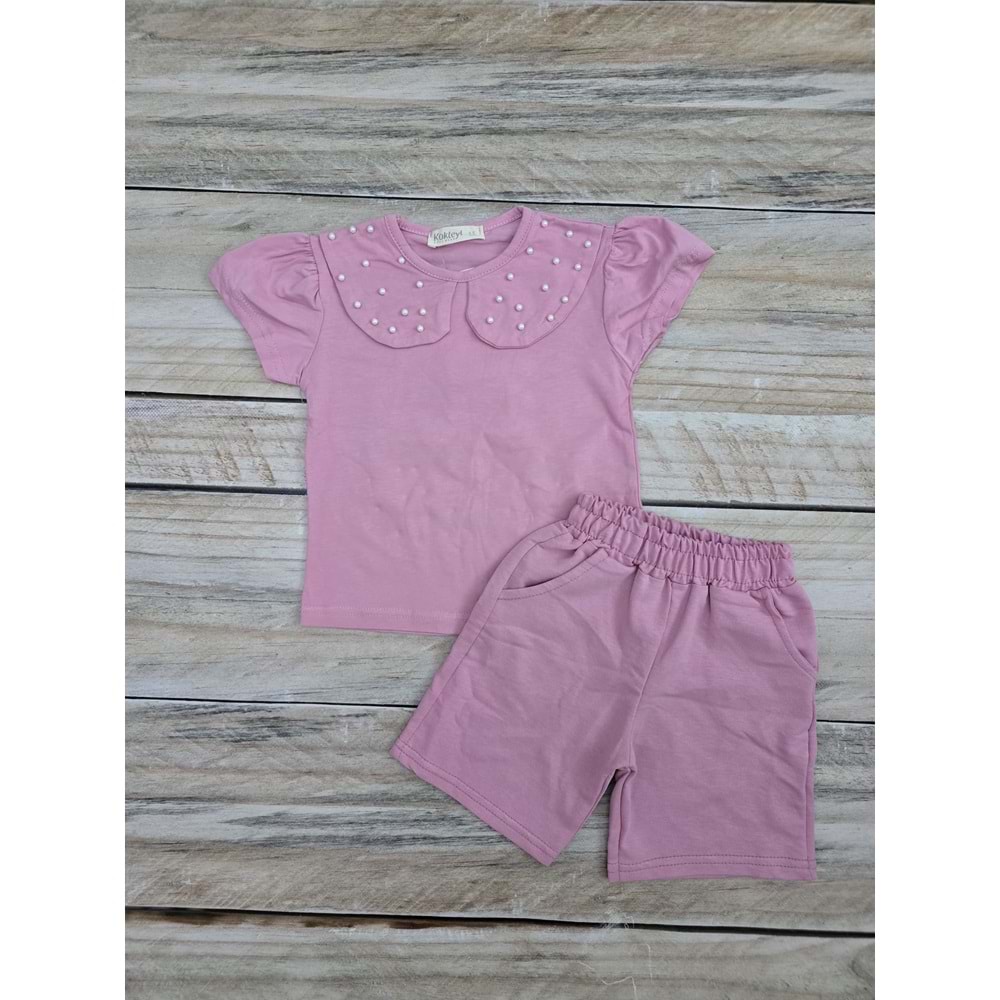 (4-12) Yaş KOKTEYL KIDS BEBE YAKA ŞORTLU TAKIM - GÜL KURUSU - 8-9 YAŞ