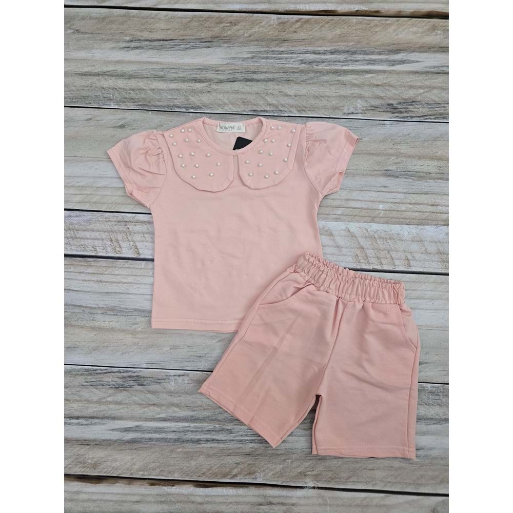 (4-12) Yaş KOKTEYL KIDS BEBE YAKA ŞORTLU TAKIM - PUDRA - 4-5 YAŞ