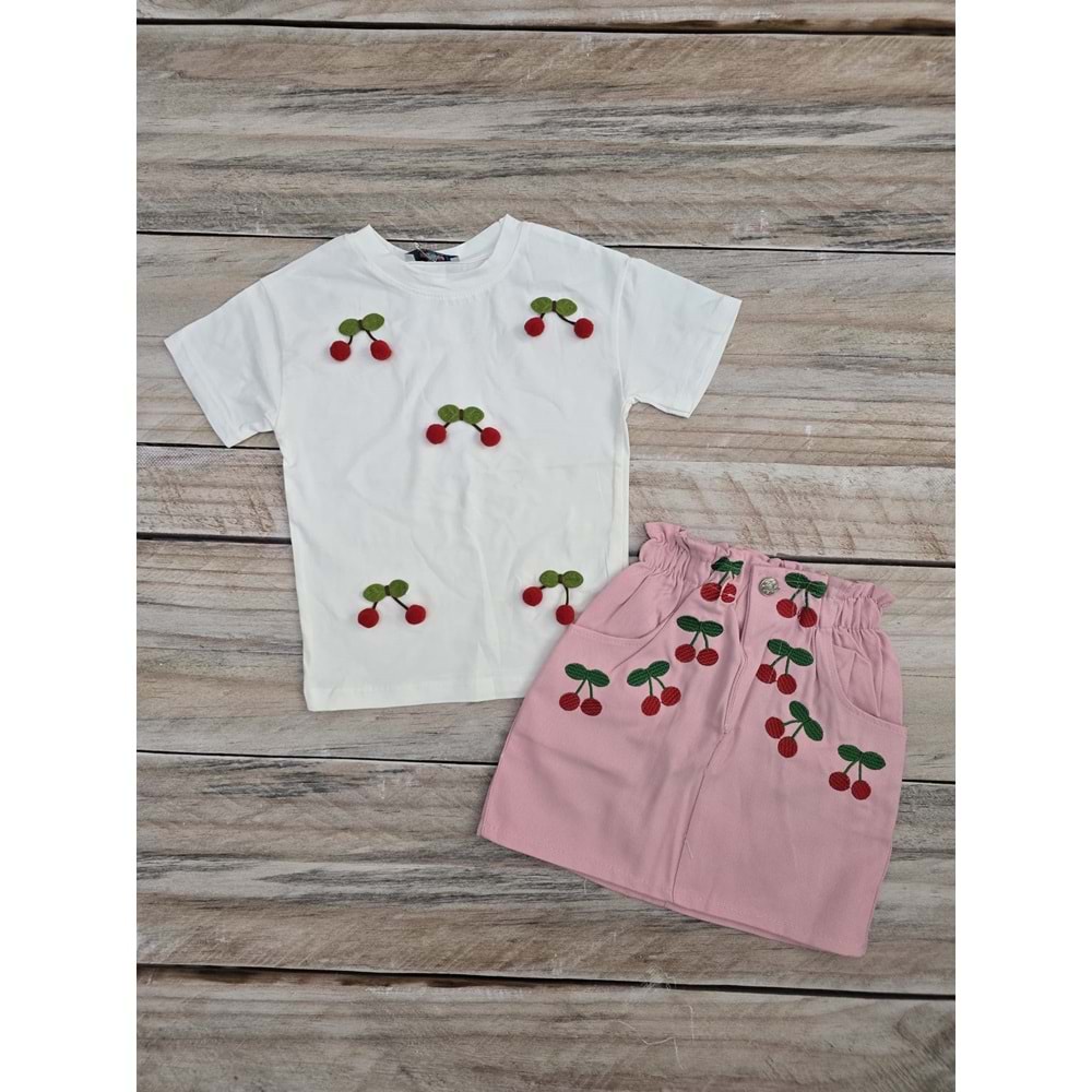 (3-10) Yaş FOSFORLU KIDS KİRAZ NAKIŞLI KETEN ETEKLİ TAKIM - GÜL KURUSU - 4-5 YAŞ