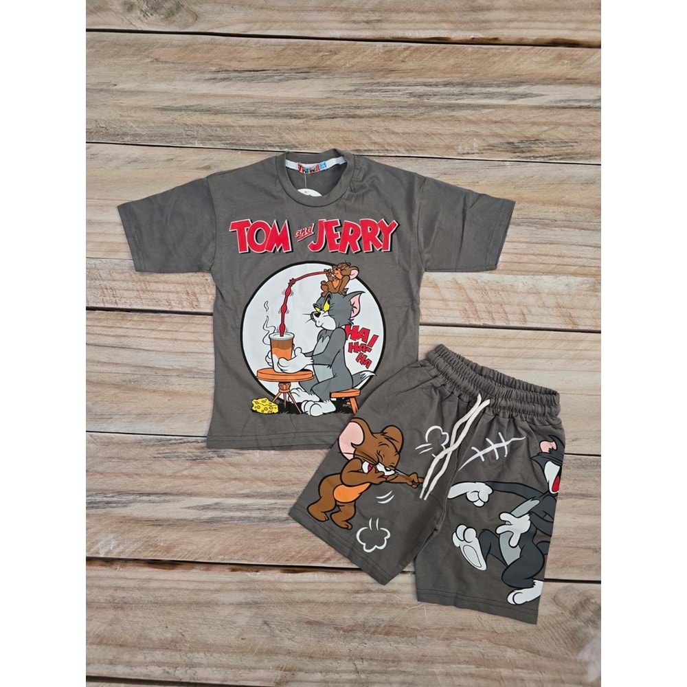 (3-10) Yaş TİNTİNİ TOM VE JERRY DESENLİ ŞORTLU TAKIM - GRİ - 5-6 YAŞ