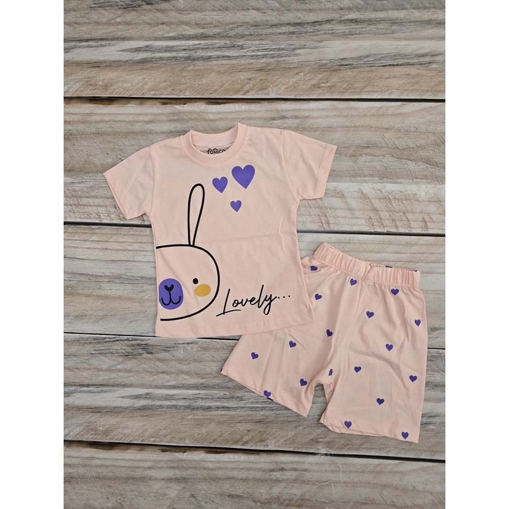 (1-4) Yaş TOMICO LOVELY TAVŞAN DESENLİ ŞORTLU TAKIM - PUDRA - 1 YAŞ