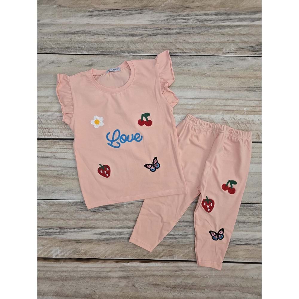 (4-8) Yaş POFIDIK LOVE NAKIŞLI KAPRİ TAYTLI TAKIM - PUDRA - 8 YAŞ