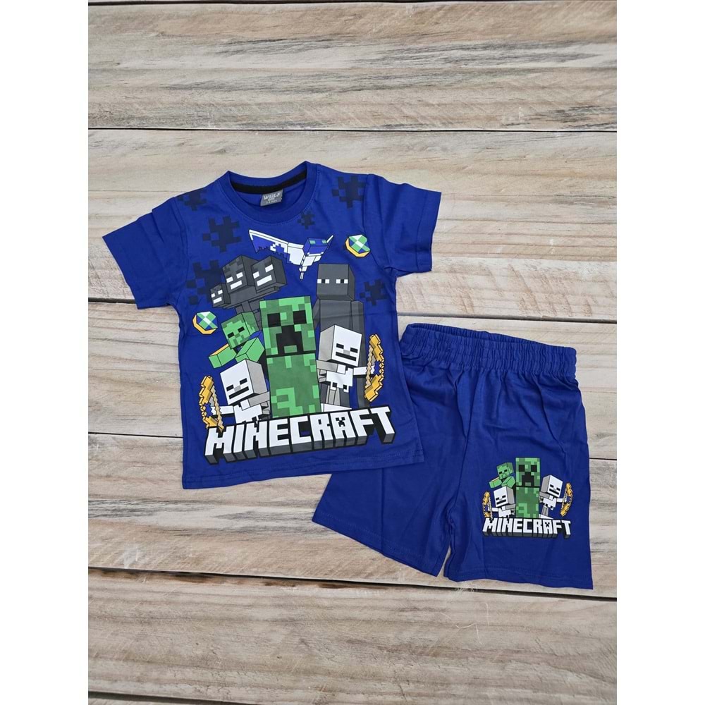 (3-10) Yaş WOLF MINECRAFT DESENLİ ŞORTLU TAKIM - MAVİ - 3-4 YAŞ