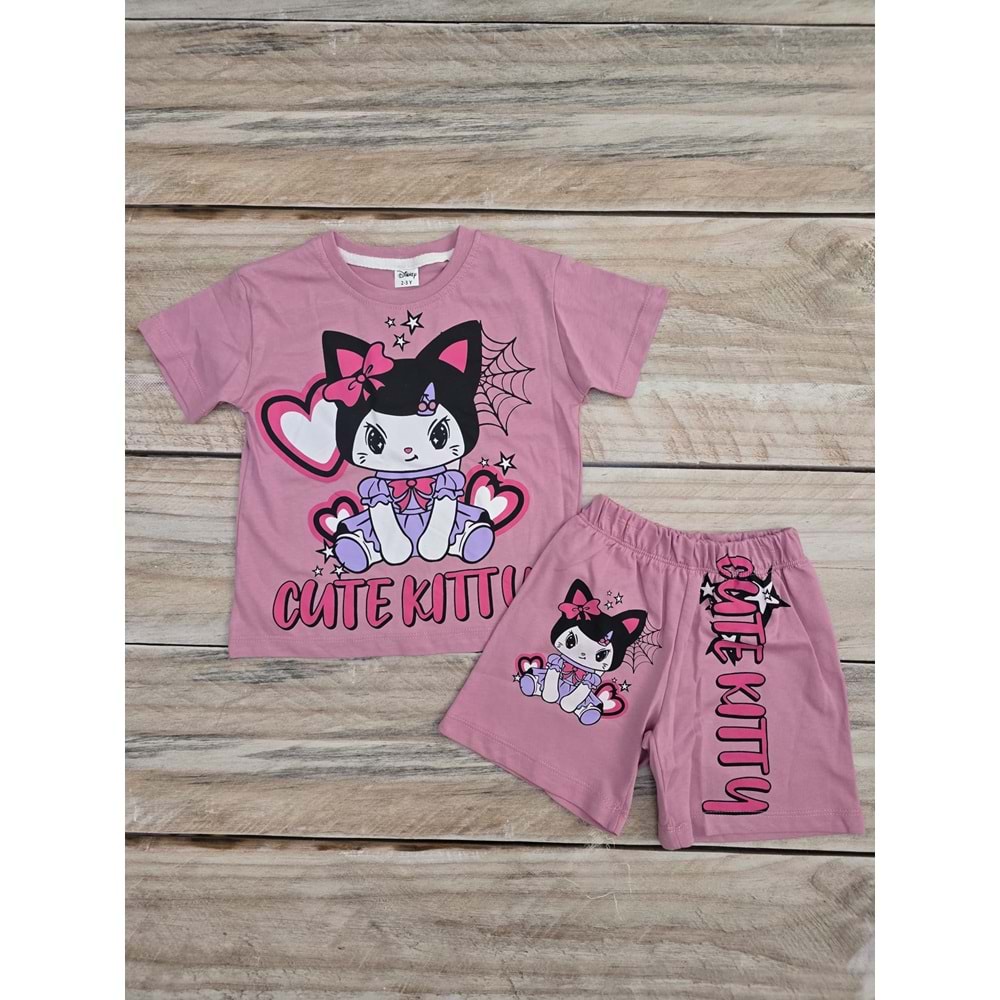 (2-8) Yaş ORIGINAL CUTE KITTY DESENLİ ŞORTLU TAKIM - GÜL KURUSU - 7-8 YAŞ
