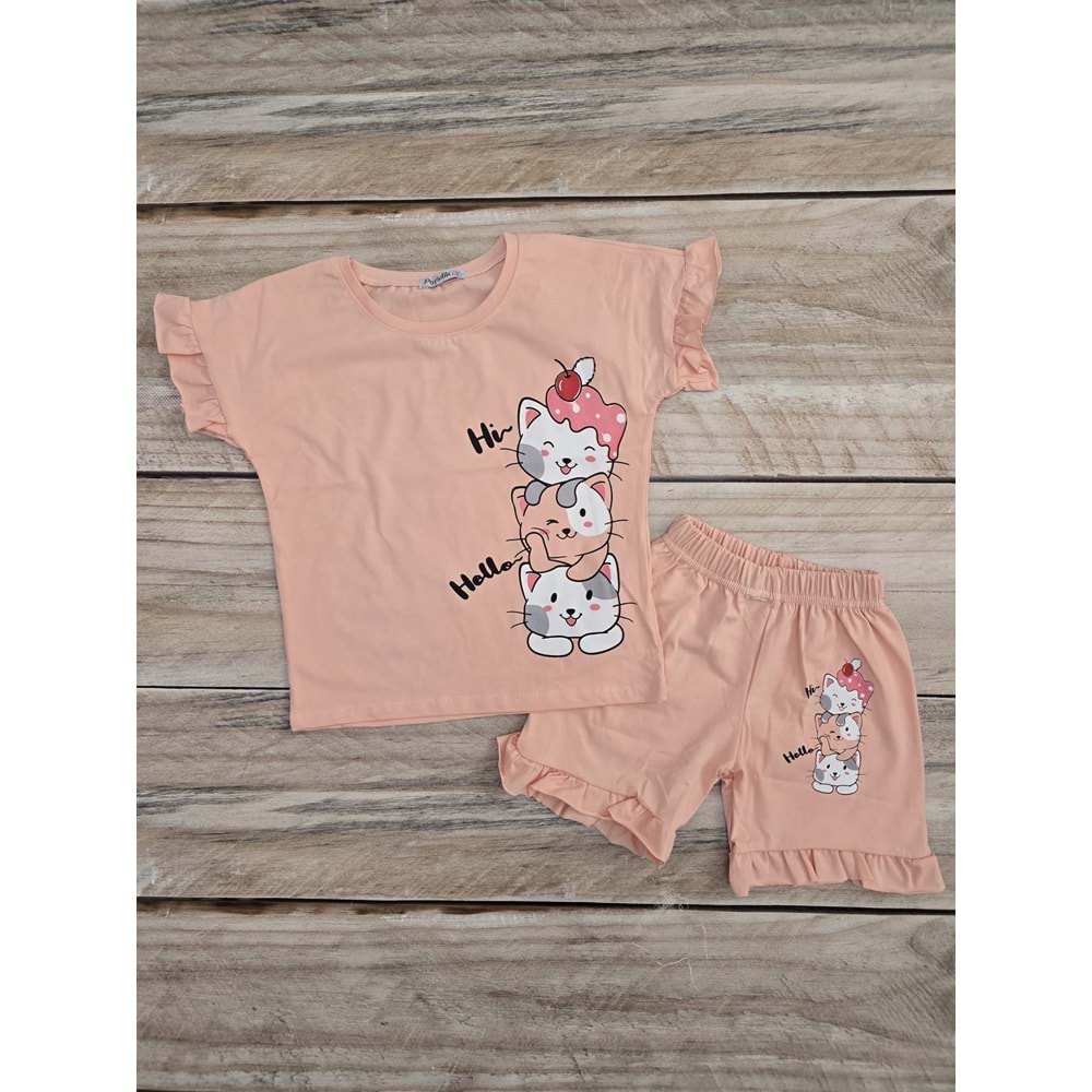 (4-8) Yaş POFIDIK KEDİ DESENLİ ŞORTLU TAKIM - PUDRA - 7 YAŞ