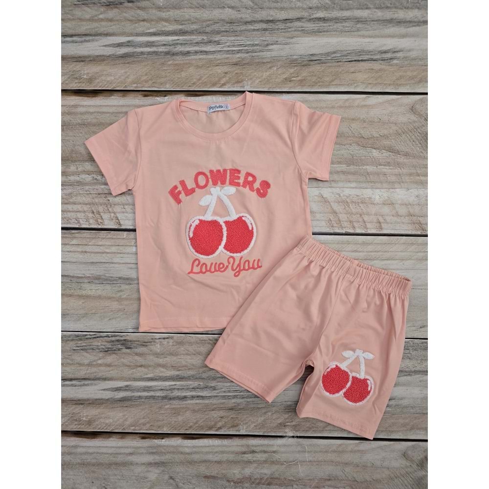 (4-8) Yaş POFIDIK FLOWERS DESENLİ ŞORTLU TAKIM - PUDRA - 8 YAŞ