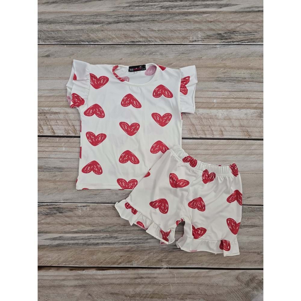 (3-10) Yaş MİSS MİYA KOL FIRFIRLI LOVE KALP DESENLİ ŞORTLU TAKIM - DESENLİ - 9-10 YAŞ