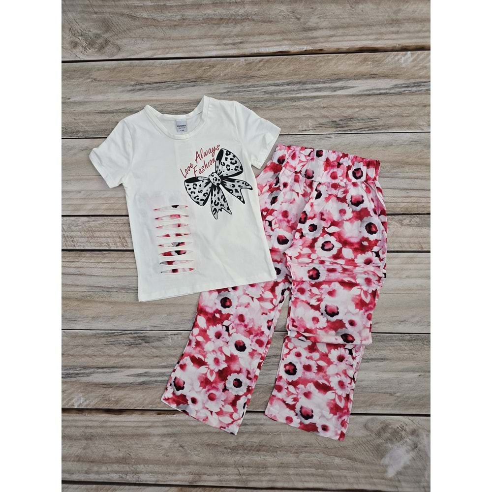 (6-13) Yaş BİŞIMARIK KIDS KURDELELİ DOKUMA KUMAŞ PANTOLONLU TAKIM - PEMBE - 10 YAŞ