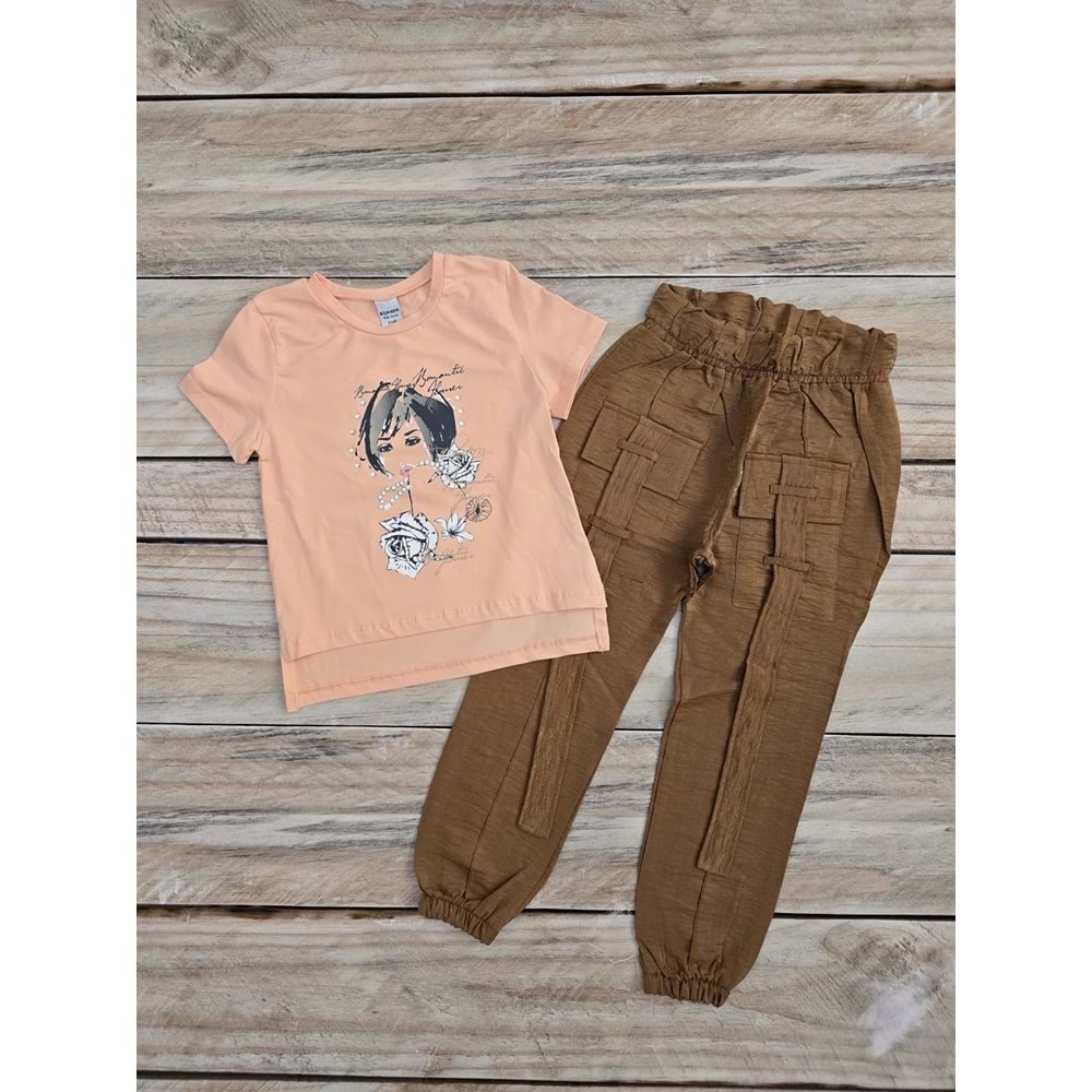 (6-13) Yaş BİŞIMARIK KIDS KIZ FİGÜRLÜ CEPLİ DOKUMA KUMAŞ PANTOLONLU TAKIM - TURUNCU - 6 YAŞ