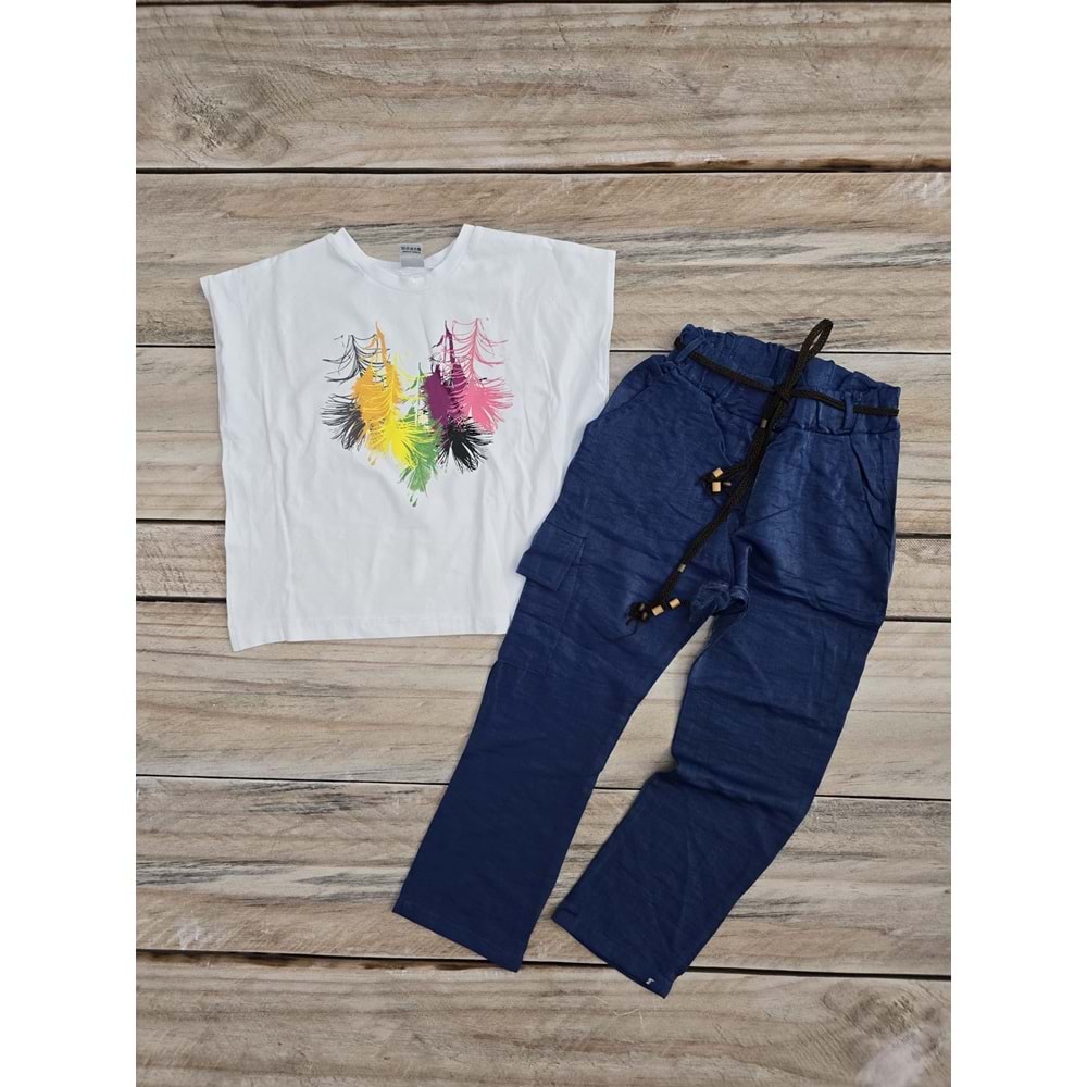 (6-13) Yaş BİŞIMARIK KIDS KUŞ TÜYÜ CEPLİ DOKUMA KUMAŞ PANTOLONLU TAKIM - MAVİ - 6 YAŞ