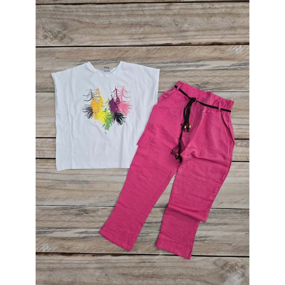(6-13) Yaş BİŞIMARIK KIDS KUŞ TÜYÜ CEPLİ DOKUMA KUMAŞ PANTOLONLU TAKIM - PEMBE - 11 YAŞ