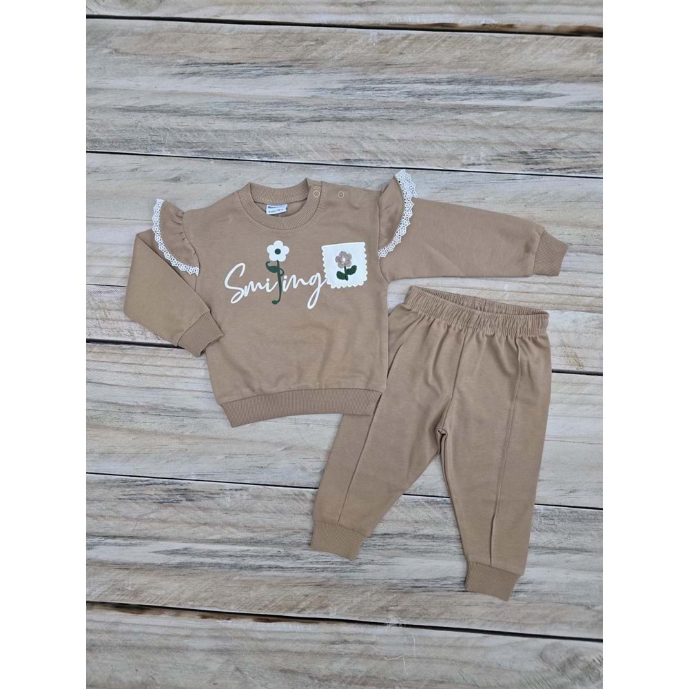 (9-24) Ay NAZAR BEBE PAPATYA NAKIŞLI MEVSİMLİK TAKIM - KAHVERENGİ - 18 AYLIK