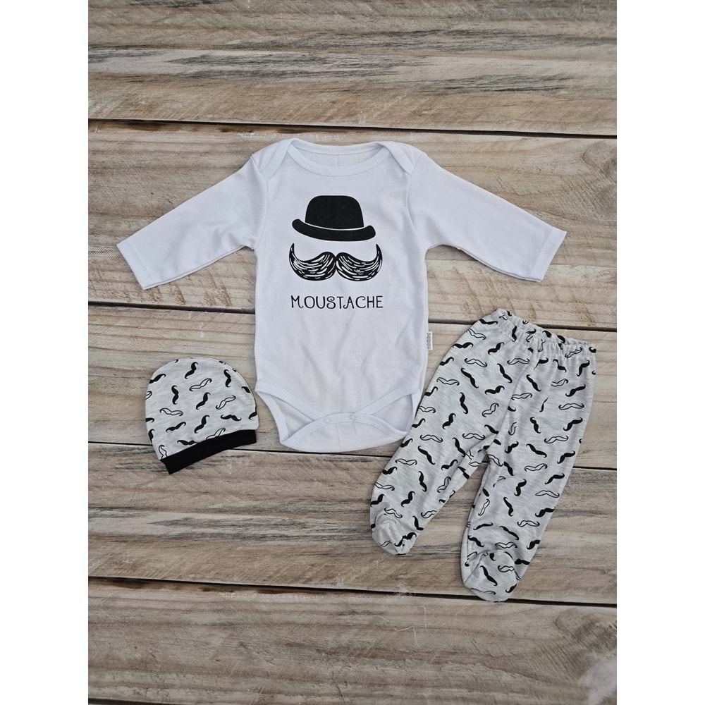 (3-6) Ay MİNİ BİRD ŞAPKALI ÇITÇITLI BADİLİ MOUSTACHE DESENLİ TAKIM - BEYAZ - 6 AYLIK