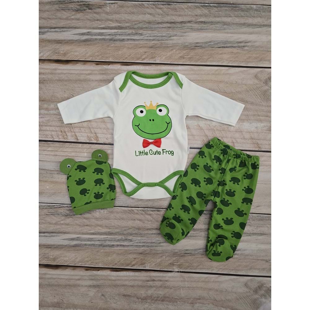 (3-6) Ay MİNİ BİRD ŞAPKALI ÇITÇITLI BADİLİ KURBAĞA DESENLİ TAKIM - DESENLİ - 3 AYLIK