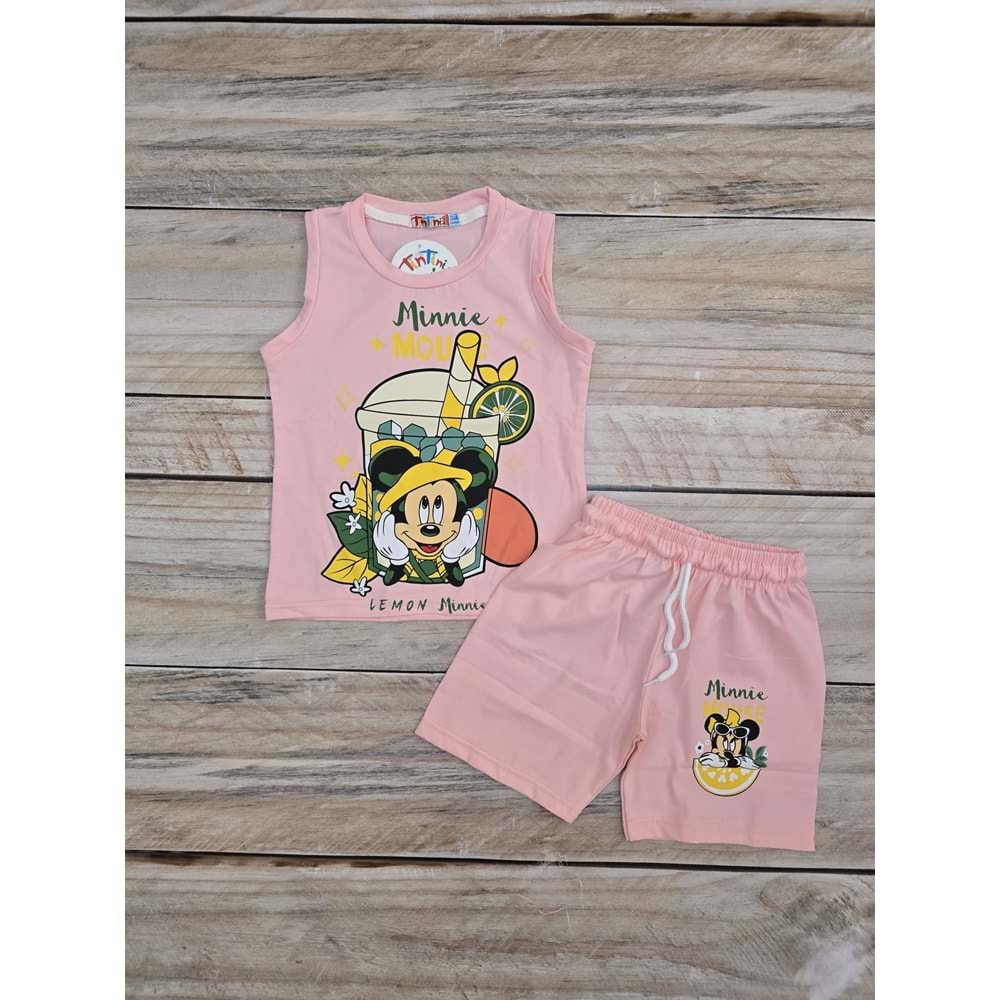 (3-10)Yaş TİNTİNİ MİNNİE MOUSE DESENLİ ASKILI TAKIM - AÇIK PEMBE - 3-4 YAŞ