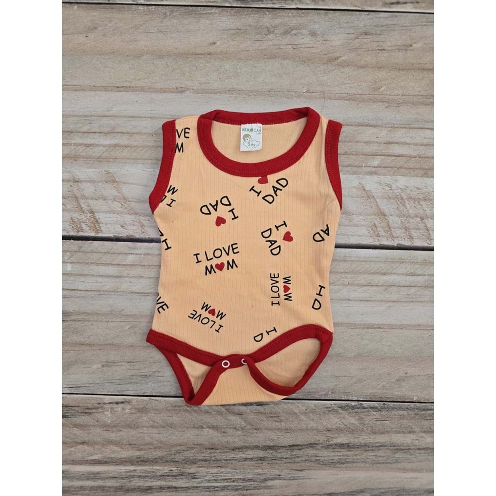 (3-30) Ay MEMOCAN I LOVE DAD DESENLİ ÇITÇITLI BADİ - PUDRA-KIRMIZI - 24 AYLIK