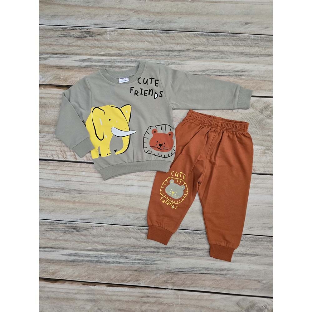(1-4) Yaş NAZAR BEBE CUTE FRIENDS DESENLİ MEVSİMLİK TAKIM - GRİ - 1 YAŞ
