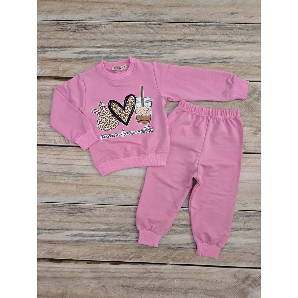 (3-7) Yaş DIGIDIK PEACE LOVE COFFE DESENLİ MEVSİMLİK TAKIM - PEMBE - 5 YAŞ