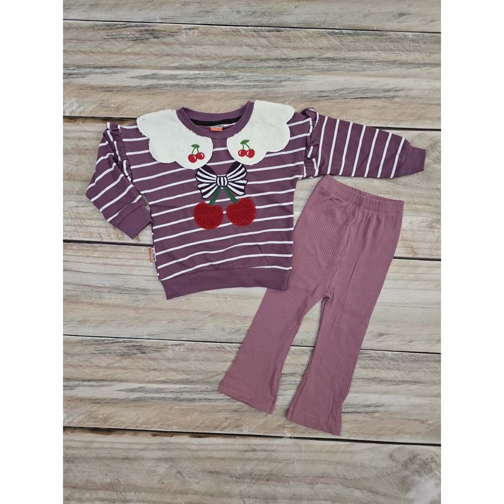 (1-4) Yaş ZUZU POLO YAKALI KİRAZ NAKIŞLI MEVSİMLİK TAKIM - MÜRDÜM - 1 YAŞ
