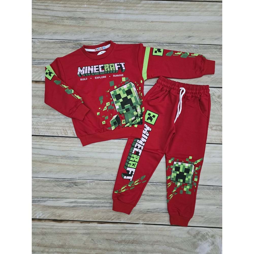 (5-12) Yaş TİNTİNİ MİNECRAFT DESENLİ MEVSİMLİK TAKIM - KIRMIZI - 9-10 YAŞ