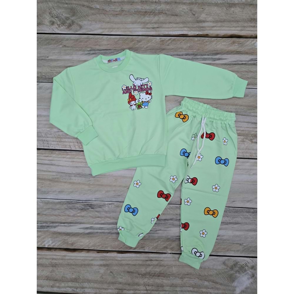 (3-10) Yaş TİNTİNİ HELLO KITTY DESENLİ MEVSİMLİK TAKIM - YEŞİL - 7-8 YAŞ