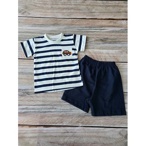 (2-5) Yaş KESKİNCAN ÇİZGİLİ ARABA BASKILI ŞORTLU TAKIM