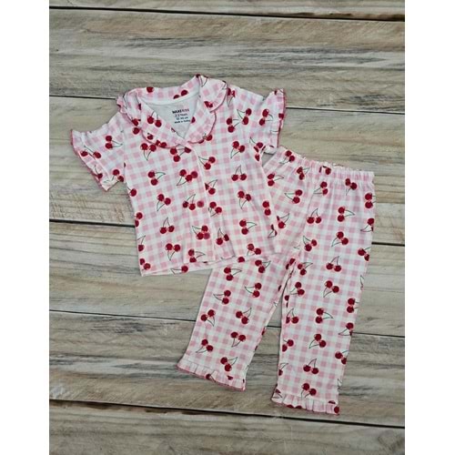 (2-6) Yaş DOLAŞ KIDS KİRAZ DESENLİ YAZLIK DÜĞMELİ PİJAMA TAKIMI