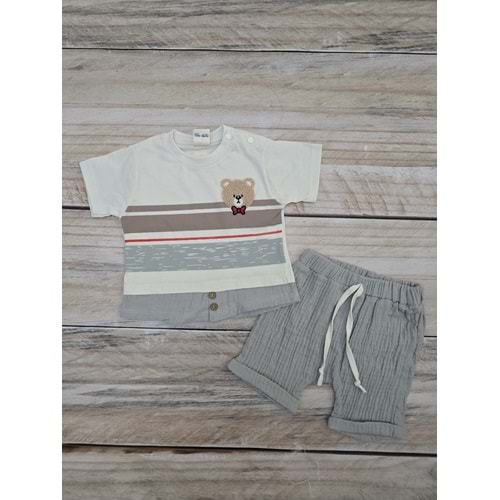 (9-24) Ay WOW DÜĞMELİ AYI DESENLİ ŞORTLU TAKIM