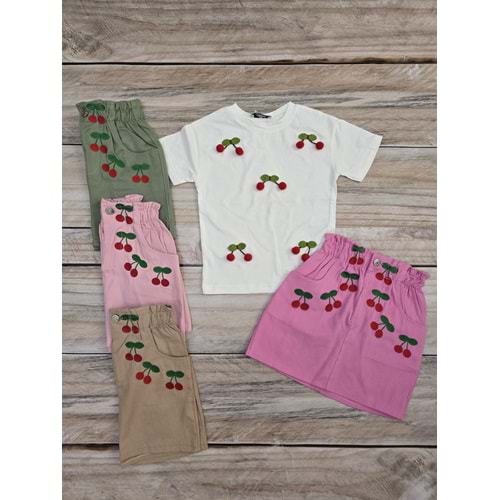 (3-10) Yaş FOSFORLU KIDS KİRAZ NAKIŞLI KETEN ETEKLİ TAKIM