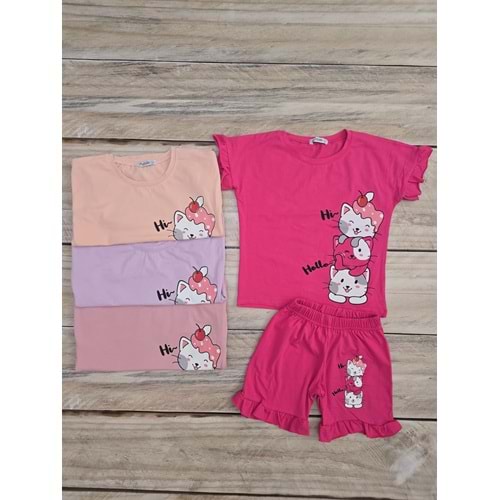 (4-8) Yaş POFIDIK KEDİ DESENLİ ŞORTLU TAKIM