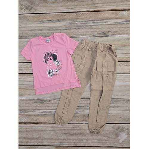 (6-13) Yaş BİŞIMARIK KIDS KIZ FİGÜRLÜ CEPLİ DOKUMA KUMAŞ PANTOLONLU TAKIM