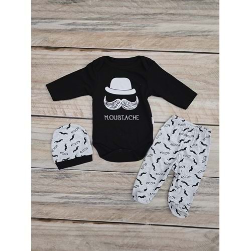 (3-6) Ay MİNİ BİRD ŞAPKALI ÇITÇITLI BADİLİ MOUSTACHE DESENLİ TAKIM